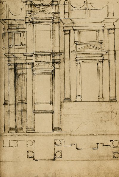 Architectonische studie voor de Medici-kapellen in de basiliek van San Lorenzo; tekening door Michelangelo door Michelangelo Buonarroti